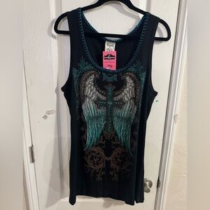 Vocal Black and Teal Angel Wing Tank Top